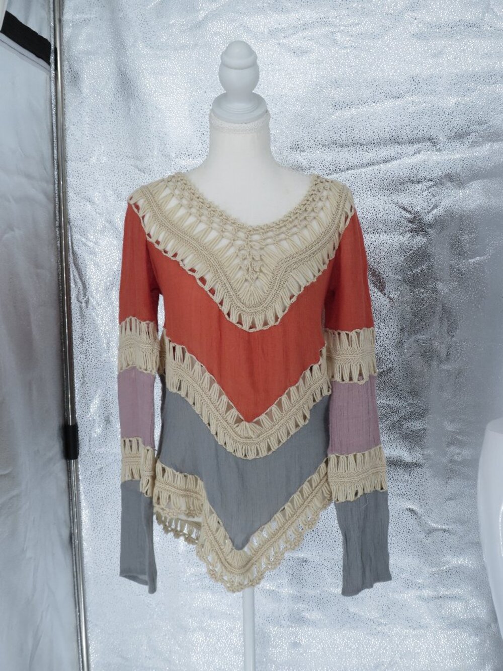 Boho Crochet Tunic Top Multicolor Fringe Chevron V Neck Long Sleeve Medium